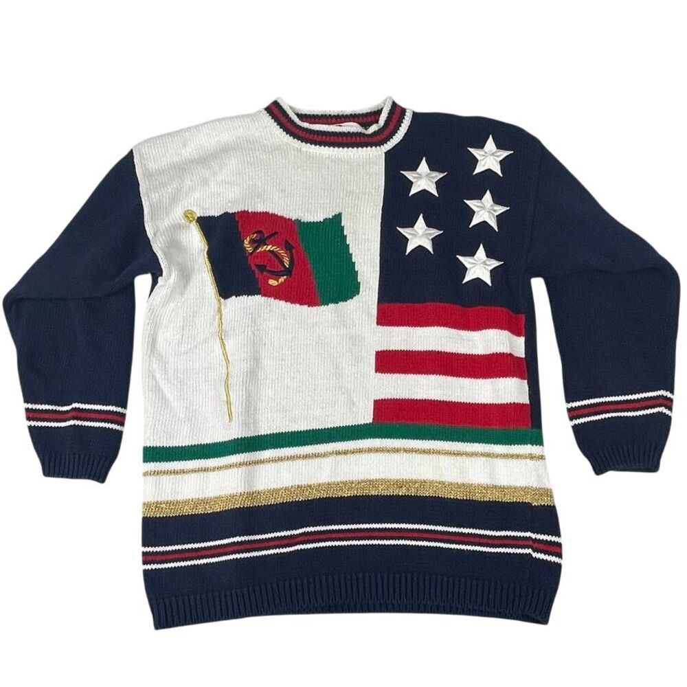 Vintage Karen Scott Ramie cotton sweater, Sz. Small, flag, stars, runs big‎